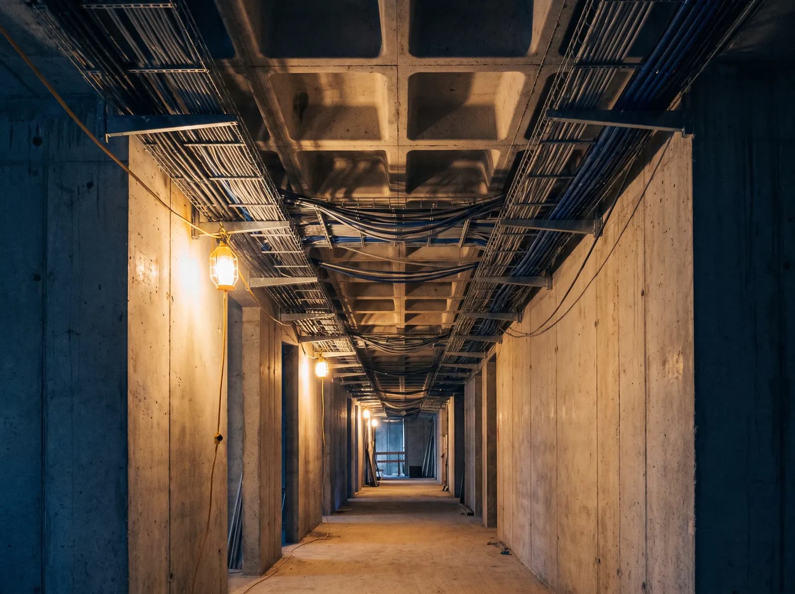Chantier de bâtiment avec chemins de câbles en plafond