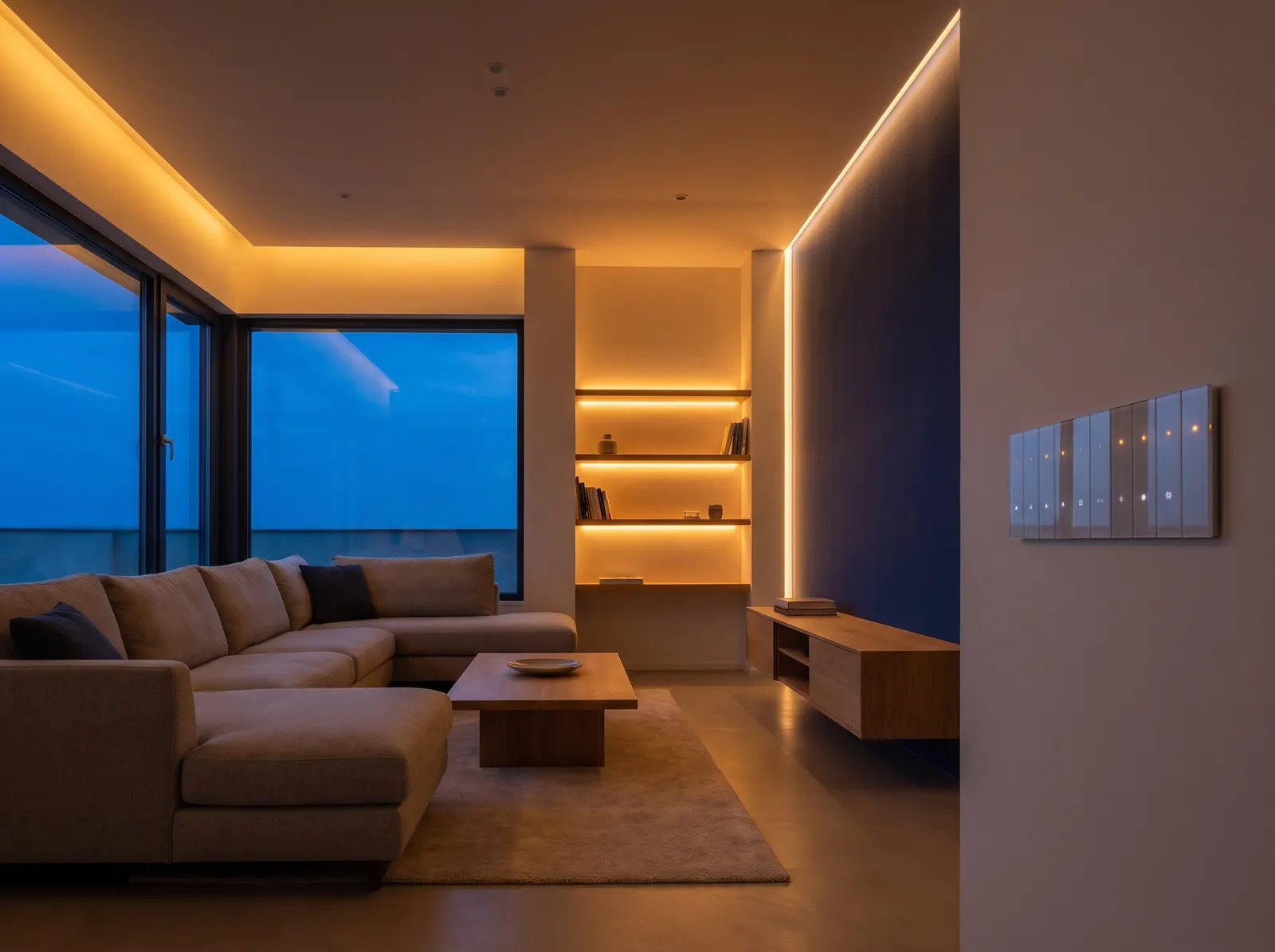 Salon d'une maison contemporaine avec éclairage intégré