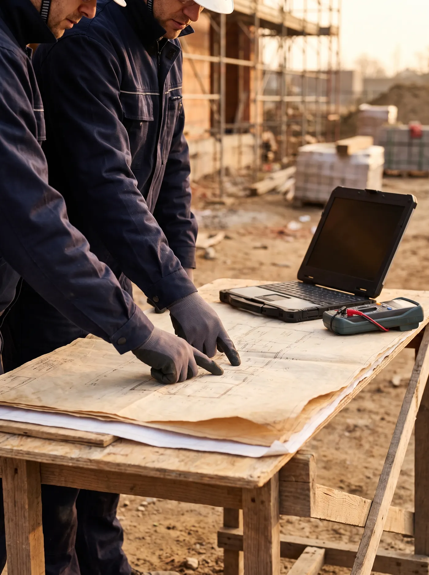 Techniciens étudiant un plan électrique sur un chantier